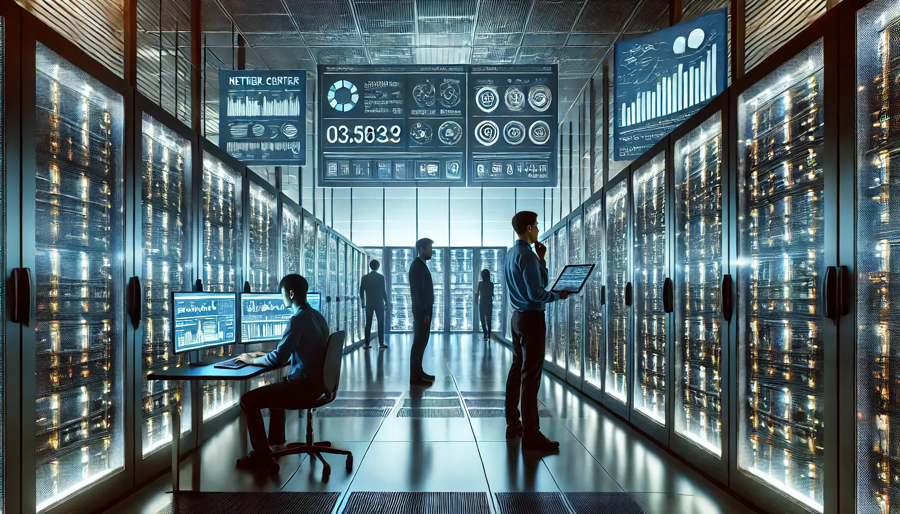 DALL·E 2025-03-21 15.01.04 - A modern data center with IT professionals working on network management. Rows of illuminated server racks are visible, along with large screens displ