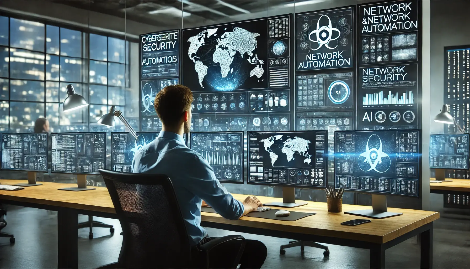 DALL·E 2025-03-21 15.01.35 - A cybersecurity and network automation specialist working at a high-tech workstation. Multiple monitors display real-time analytics, network security 