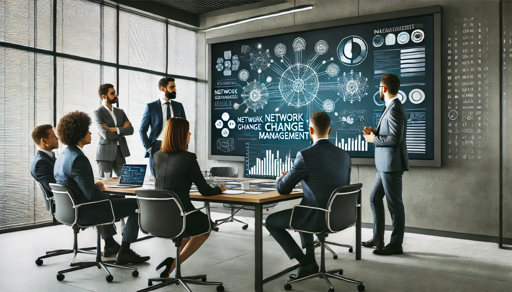 DALL·E 2025-03-21 15.06.20 - A modern office conference room where IT professionals are engaged in a strategic discussion. A digital whiteboard or projector displays network chang